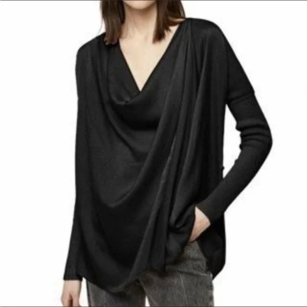 All Saints Erma Cowl Neck Adjustable Drape Front Black Blouse